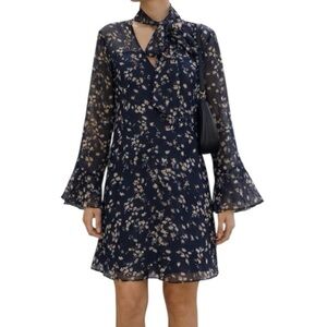 CeCe Blue Floral Dress Chiffon Tie Neck Long Sleeve Shift Dress
